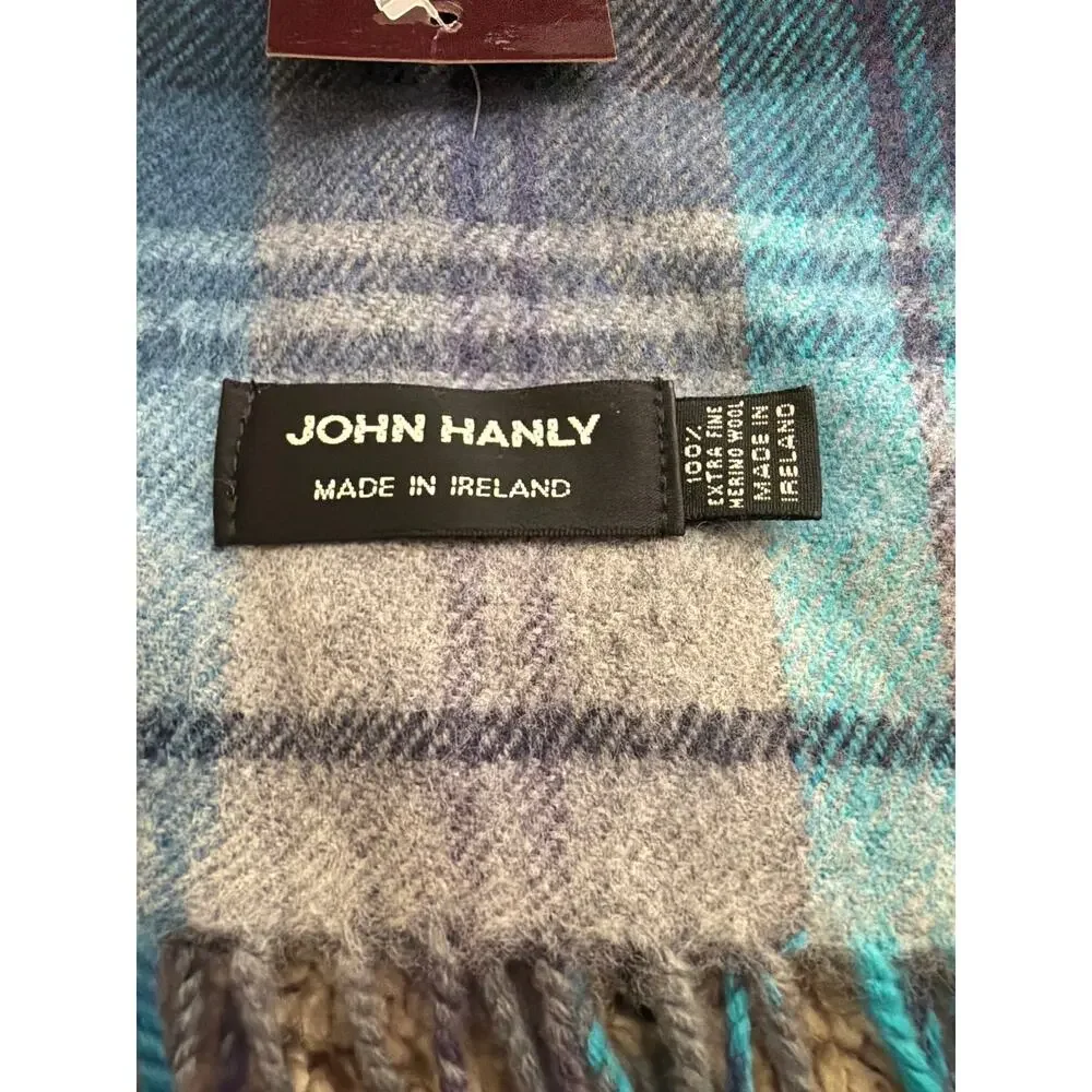 John Hanly Ireland Merino Wool Plaid Tartan Scarf Blue Grey Fringe Winter New
